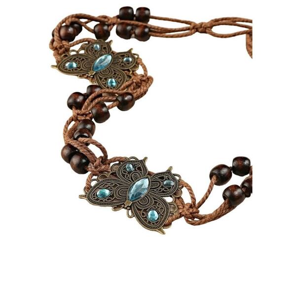 Boho Butterfly Rhinestone Blue Turquoise And Brown Beaded Woven Soft Tie Belt - Picture 5 of 12